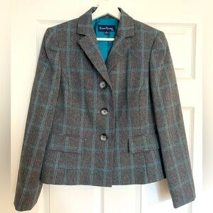 VINTAGE Evan Picone Y2K Gray/Teal Herringbone Plaid Blazer Women Suit Jacket, 8